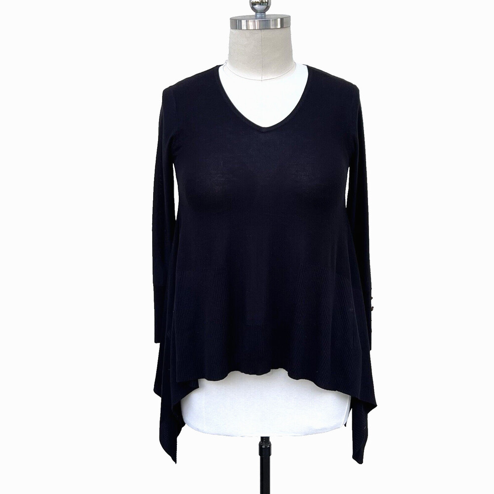 Neiman Marcus Women's Black Ribbed V Neck Tunic Sharkbite Hem Sweater Knit